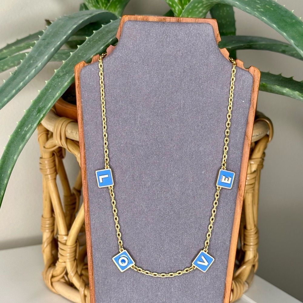Tory Burch LOVE Necklace Gold Blue Enamel Letter Charms 18” Adjustable Chain
